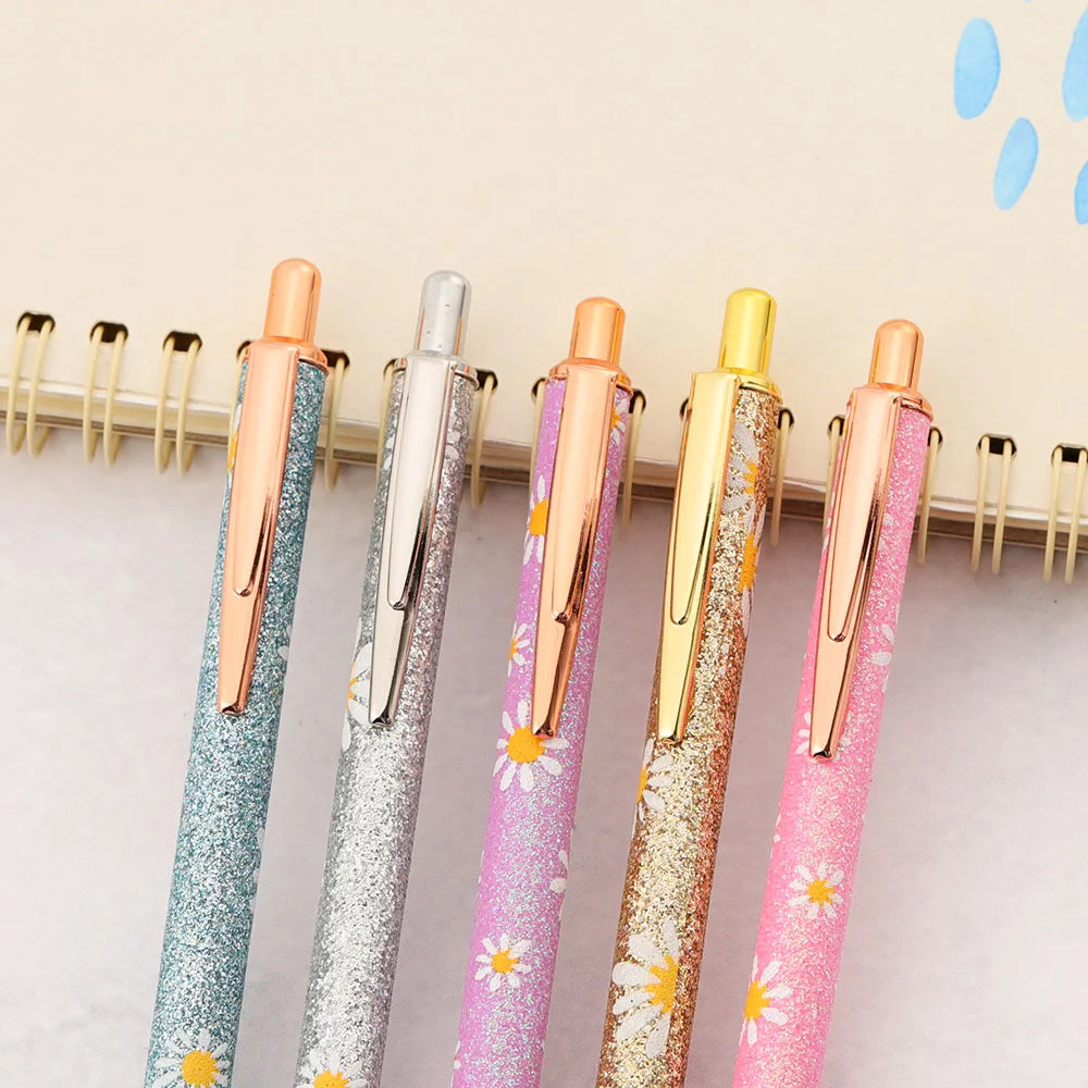 Lytwtw's Cute Daisy Press Ballpoint Pen Luxury Kawaii Metal Stationery School Office Supplies 5 Pieces