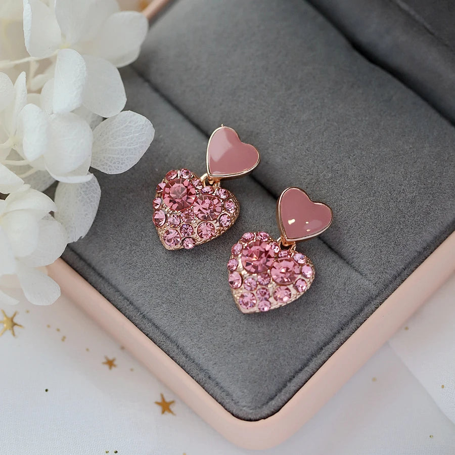 New Trend Zircon Crystal Double Pink Heart Pendant Earring for Women Geometry Brincos Wedding Jewelry Girl Gift