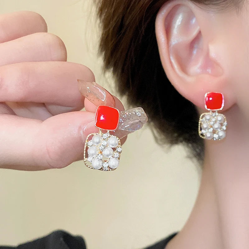 Purple Rhinestone Stud Earrrings For Women Exquisite Imitation Pearl Earrings Simple Square Geometric Earrings Party Jewelry