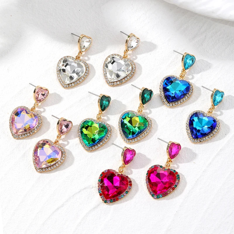 Zircon Shiny Green Crystal Heart Drop Earrings For Women Rhinestone Trendy Love Dangle Earings Eardrop Christmas Gift Jewelry