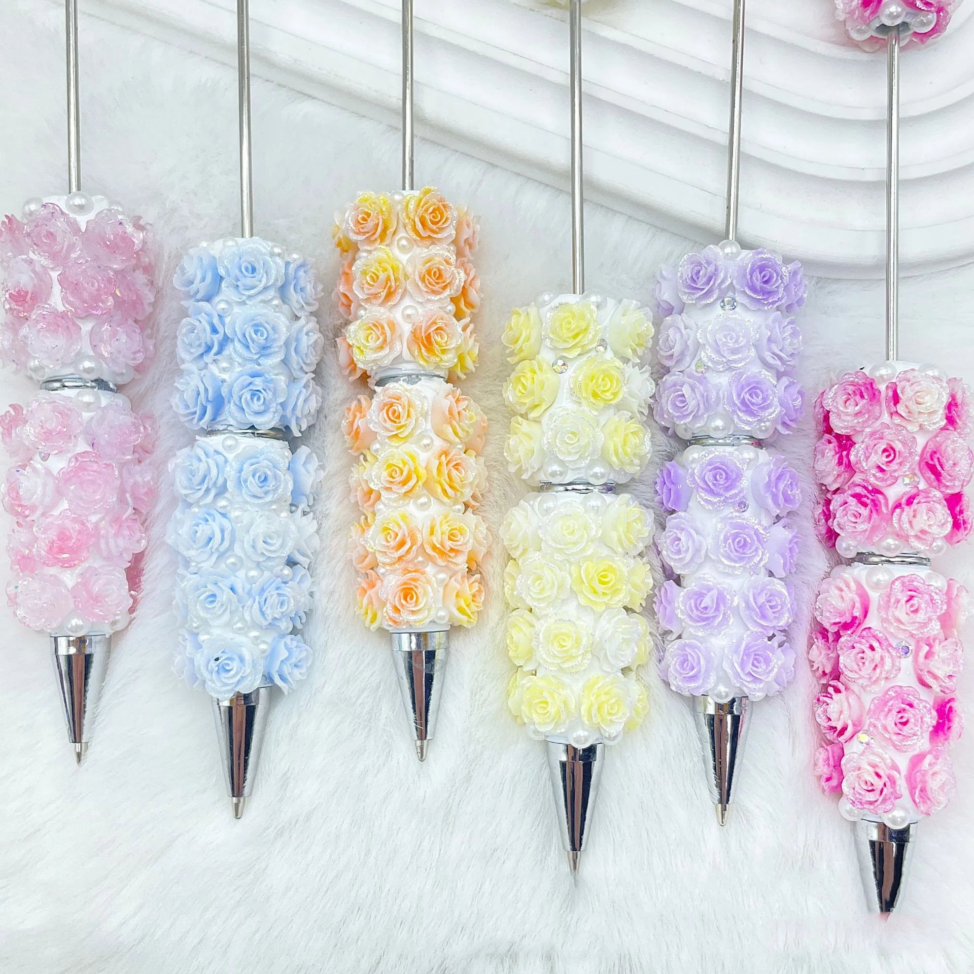 20Pcs Pearl Rose Beaded Pen Supplies Creative Handmade DIY Cute Beaded Ball Pen Office School Children Stationery Kids Gift