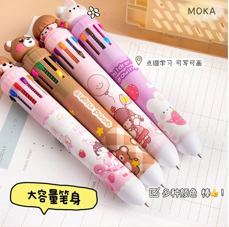 10-Color Ballpoint Pen Multifunctional Blue Black Red Pink Orange Yellow Green Blue Purple Brown Marker Pen Cartoon