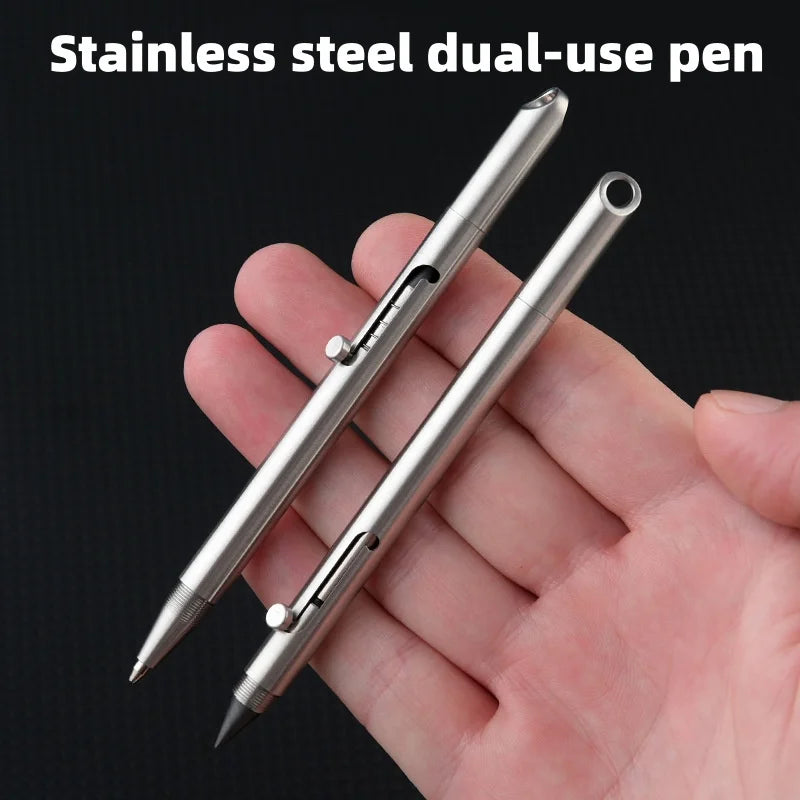 Stainless steel push pen 2-in-1 metal signature pen, no sharpening pencil, portable keychain, portable travel pocket pen