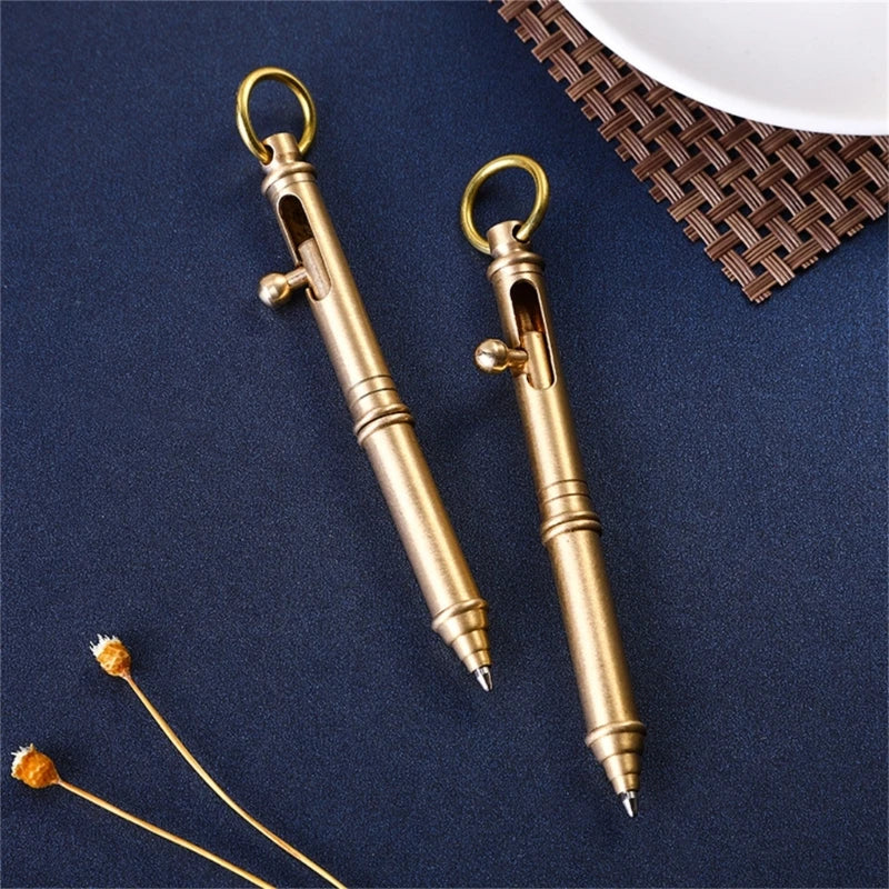 Bolt Action Metal Signing Pen Comfortable Grip Brass Ballpoint Pen with Keyring Write Smoothly for Office Women Men K1KF