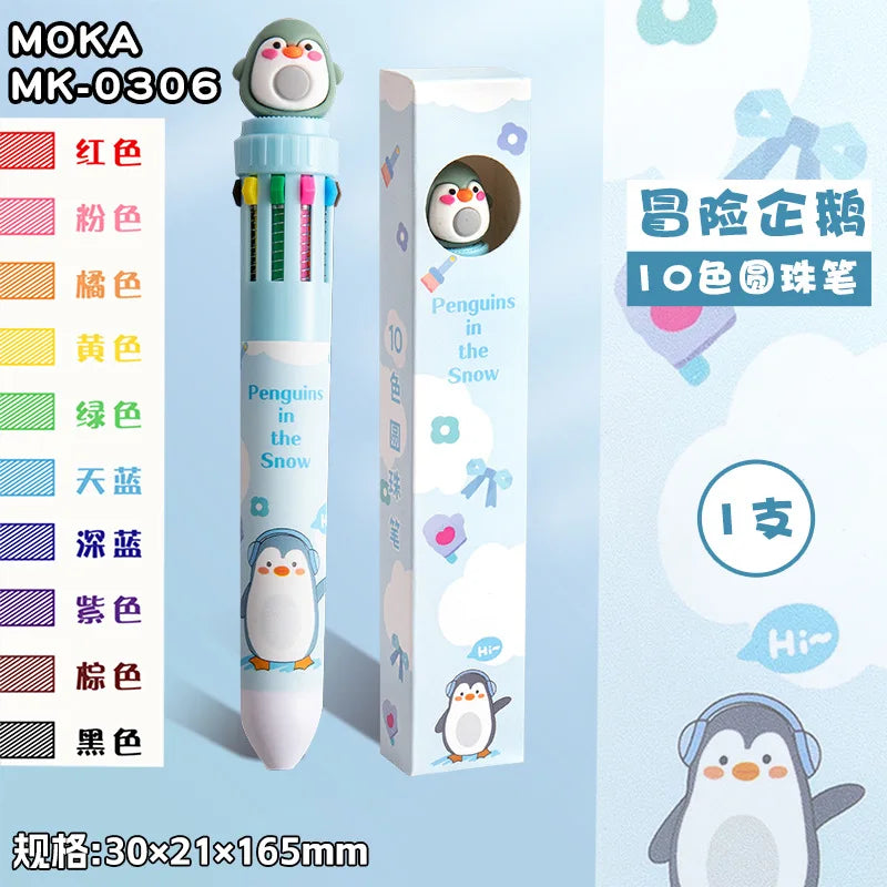 10-Color Ballpoint Pen Multifunctional Blue Black Red Pink Orange Yellow Green Blue Purple Brown Marker Pen Cartoon