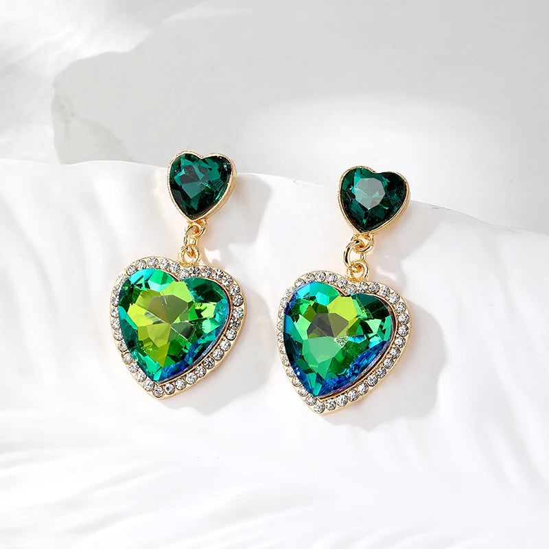 Zircon Shiny Green Crystal Heart Drop Earrings For Women Rhinestone Trendy Love Dangle Earings Eardrop Christmas Gift Jewelry
