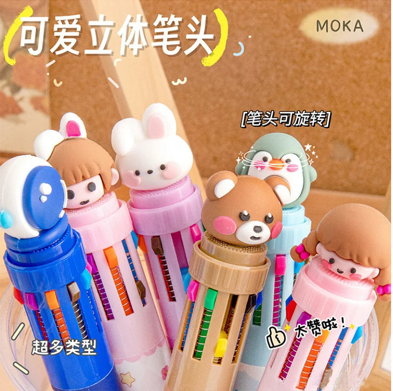 10-Color Ballpoint Pen Multifunctional Blue Black Red Pink Orange Yellow Green Blue Purple Brown Marker Pen Cartoon