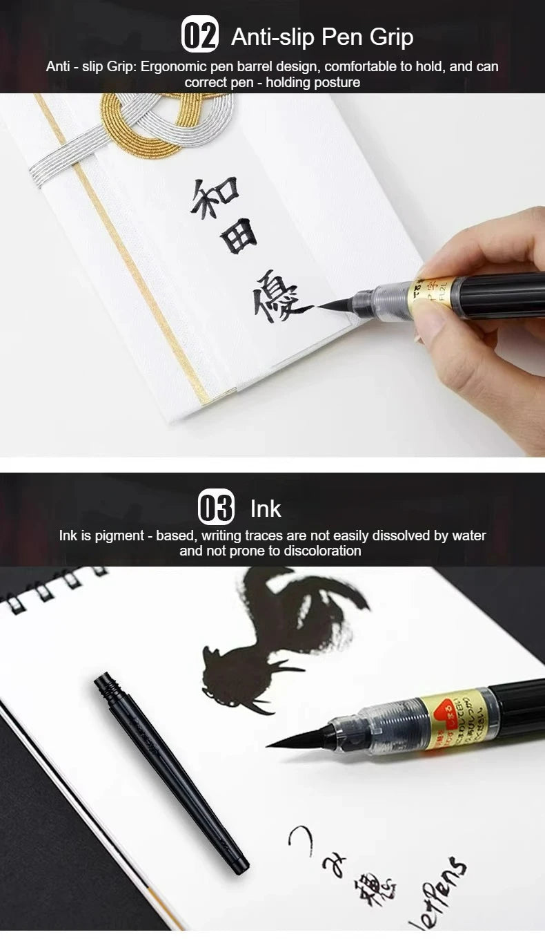 PENTEL Scientific Writing Portable Brush Pen Soft - tipped Calligraphy Practice Pen Refillable Ink Small Regular Script