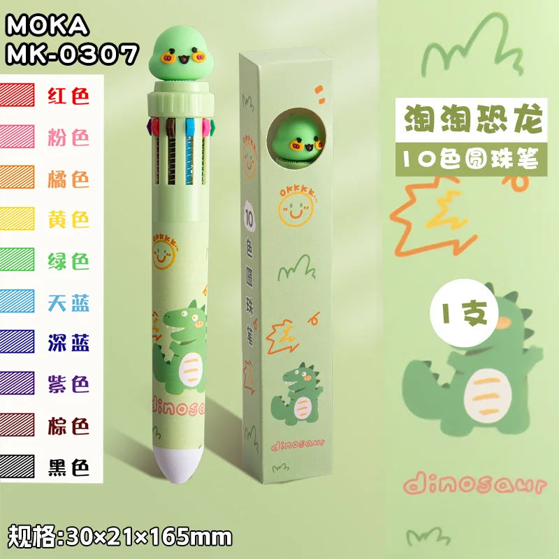 10-Color Ballpoint Pen Multifunctional Blue Black Red Pink Orange Yellow Green Blue Purple Brown Marker Pen Cartoon