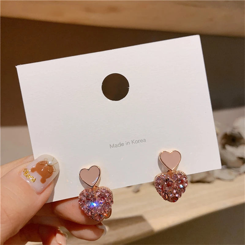 New Trend Zircon Crystal Double Pink Heart Pendant Earring for Women Geometry Brincos Wedding Jewelry Girl Gift