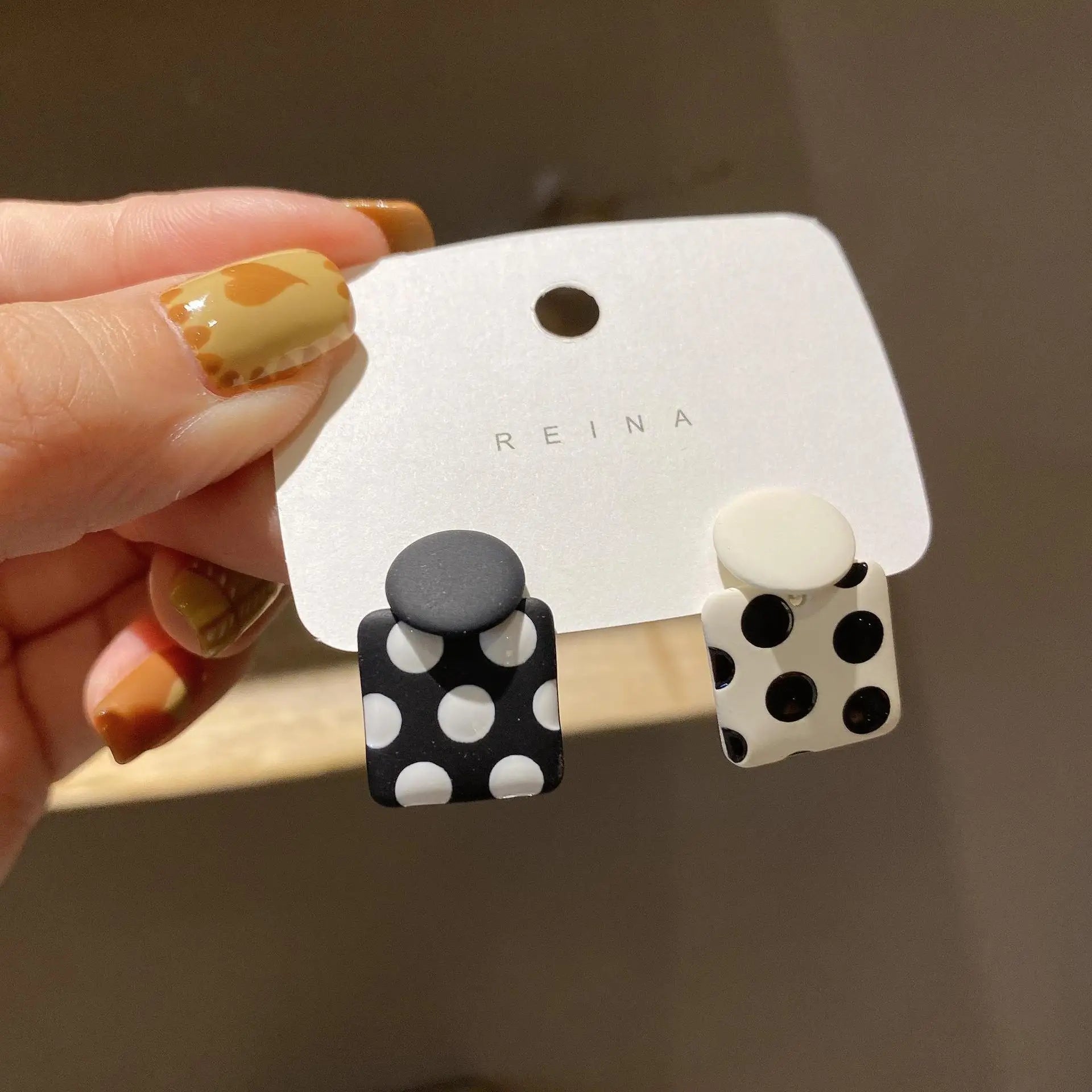 Trendy Geometric Square Red White Polka Dot Drop Earrings Korean Unique Style Asymmetric Enamel Ear Jewelry New Year Gift