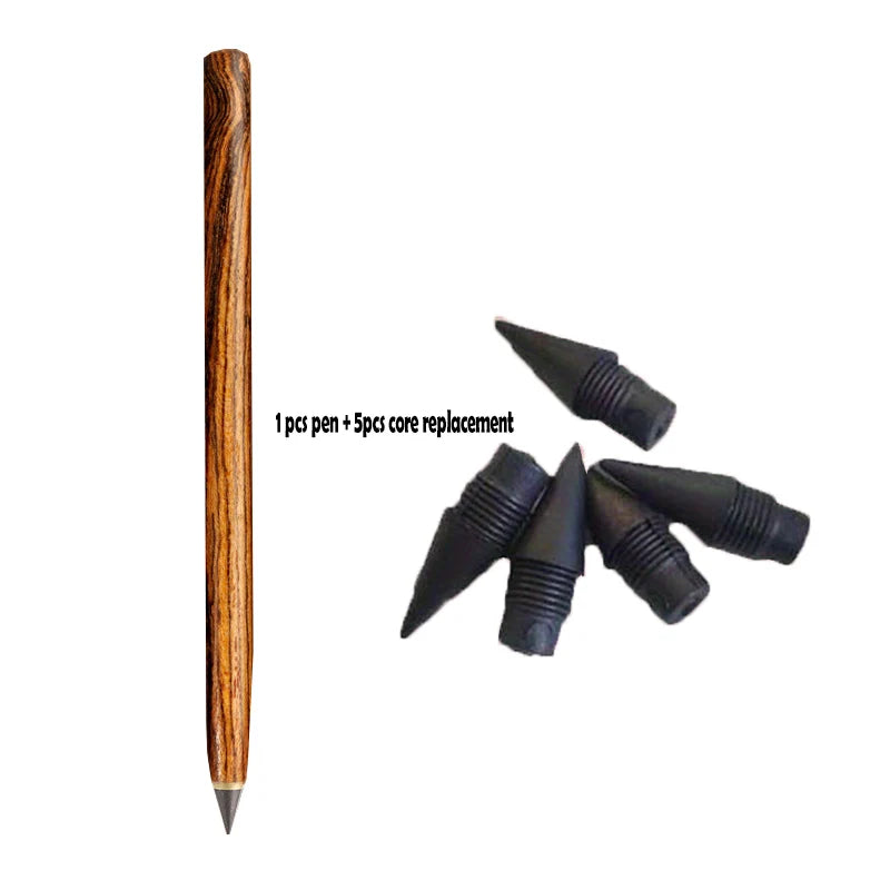 1PC Pen +5pcs Pen Tip Wooden Eternal Pencil HB Never Need Sharpening Unbreakable for Students Sketching Drawing High Tech