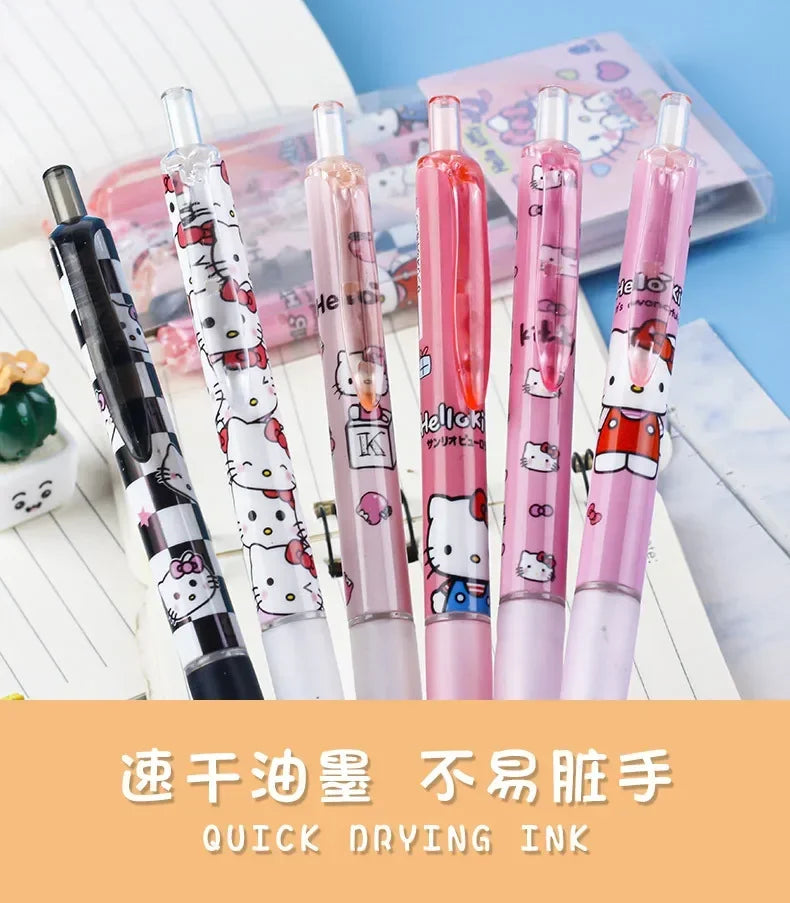 6pcs Cartoon Gel Pen Hello Kitty Cartoon Cinnamoroll Kuromi Quick Drying Black 0.5mm Ballpoint Pen Student Stationery Supplies
