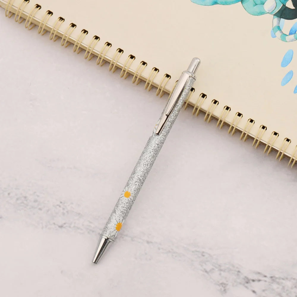 Lytwtw's Cute Daisy Press Ballpoint Pen Luxury Kawaii Metal Stationery School Office Supplies 5 Pieces