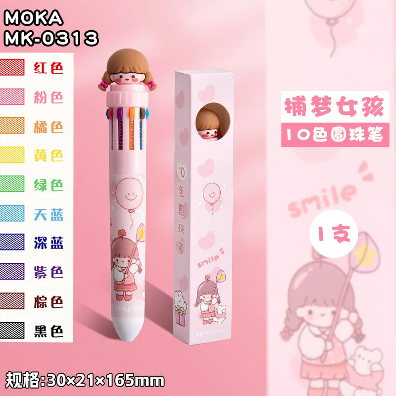 10-Color Ballpoint Pen Multifunctional Blue Black Red Pink Orange Yellow Green Blue Purple Brown Marker Pen Cartoon