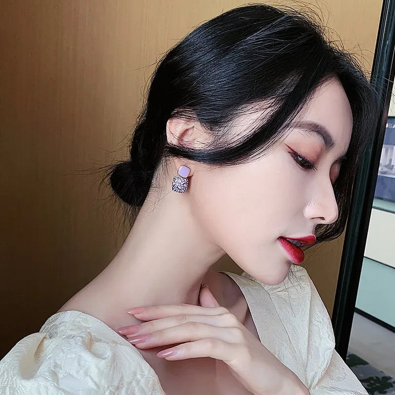 Vintage Enamel Square Stud Earrings For Women New Trendy Full Zircon Earrings Female Niche Temperament Fashion Jewelry Gift