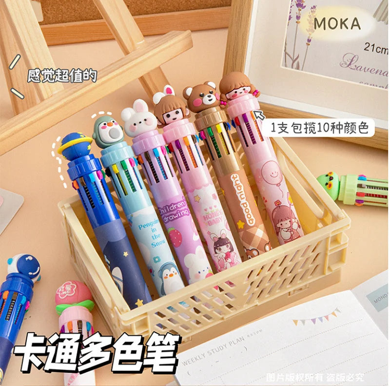 10-Color Ballpoint Pen Multifunctional Blue Black Red Pink Orange Yellow Green Blue Purple Brown Marker Pen Cartoon