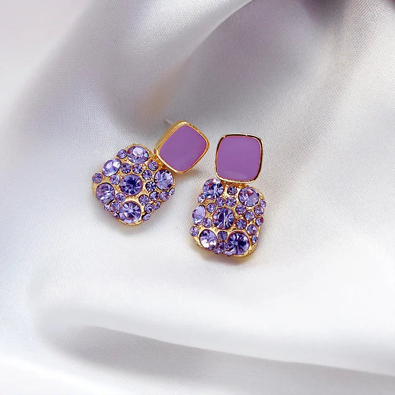 Purple Rhinestone Stud Earrrings For Women Exquisite Imitation Pearl Earrings Simple Square Geometric Earrings Party Jewelry
