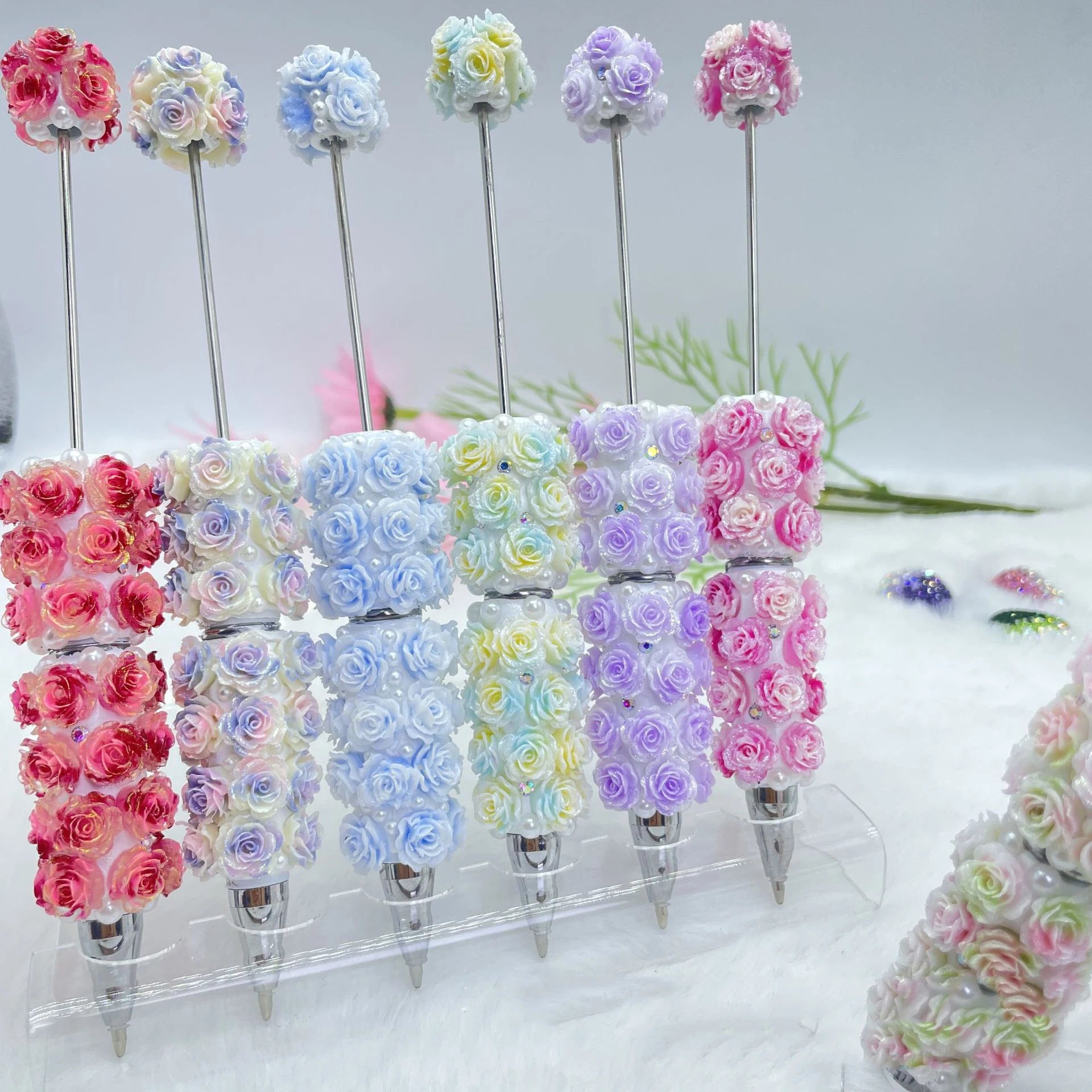 20Pcs Pearl Rose Beaded Pen Supplies Creative Handmade DIY Cute Beaded Ball Pen Office School Children Stationery Kids Gift