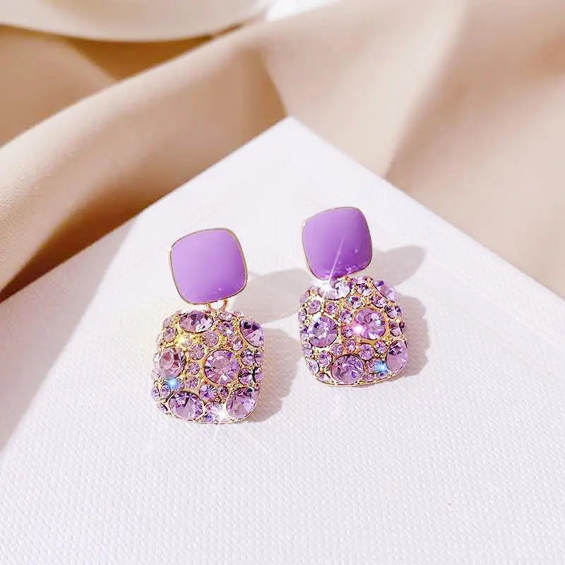 Sweet Purple Flower Butterfly Geometric Drop Earrings for Women Daisy Heart C-Shaped Round Sqaure Brincos Sweet Wedding Jewelry