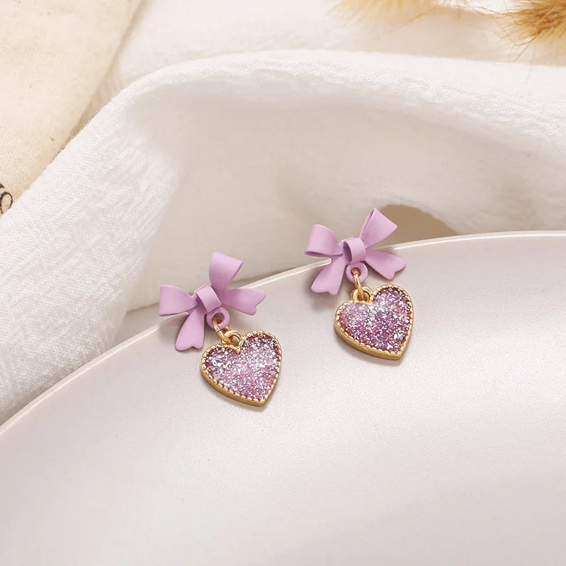 Elegant Purple Crystal Heart Dangle Earrings Fashion Korean Lovely Bow Drop Earrings Romantic Girls Women Party Jewelry