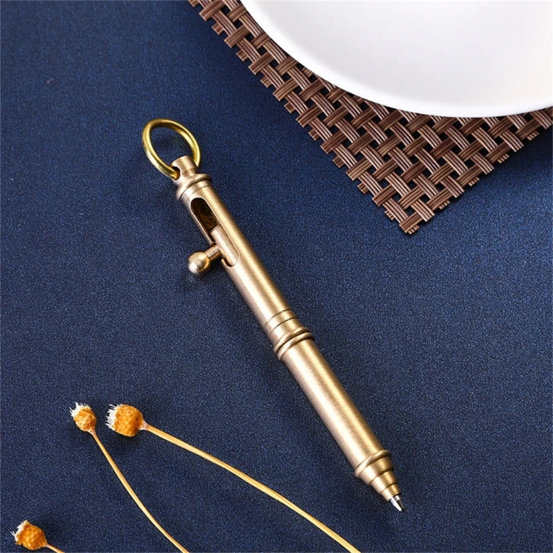 Bolt Action Metal Signing Pen Comfortable Grip Brass Ballpoint Pen with Keyring Write Smoothly for Office Women Men K1KF