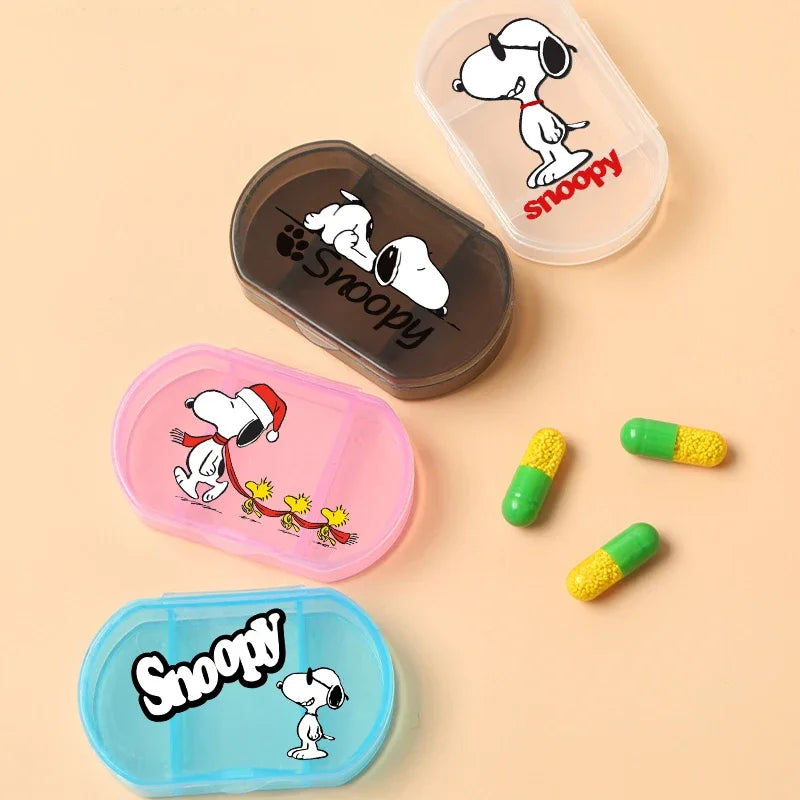 Portable Snoopys Mini Pill Box Kawaii Travel Anime Three-compartment Transparent Plastic Medicines Storage Case Container Gifts