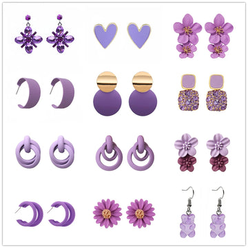 Sweet Purple Flower Butterfly Geometric Drop Earrings for Women Daisy Heart C-Shaped Round Sqaure Brincos Sweet Wedding Jewelry