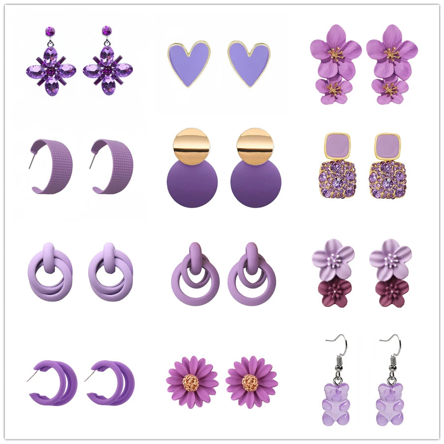 Sweet Purple Flower Butterfly Geometric Drop Earrings for Women Daisy Heart C-Shaped Round Sqaure Brincos Sweet Wedding Jewelry