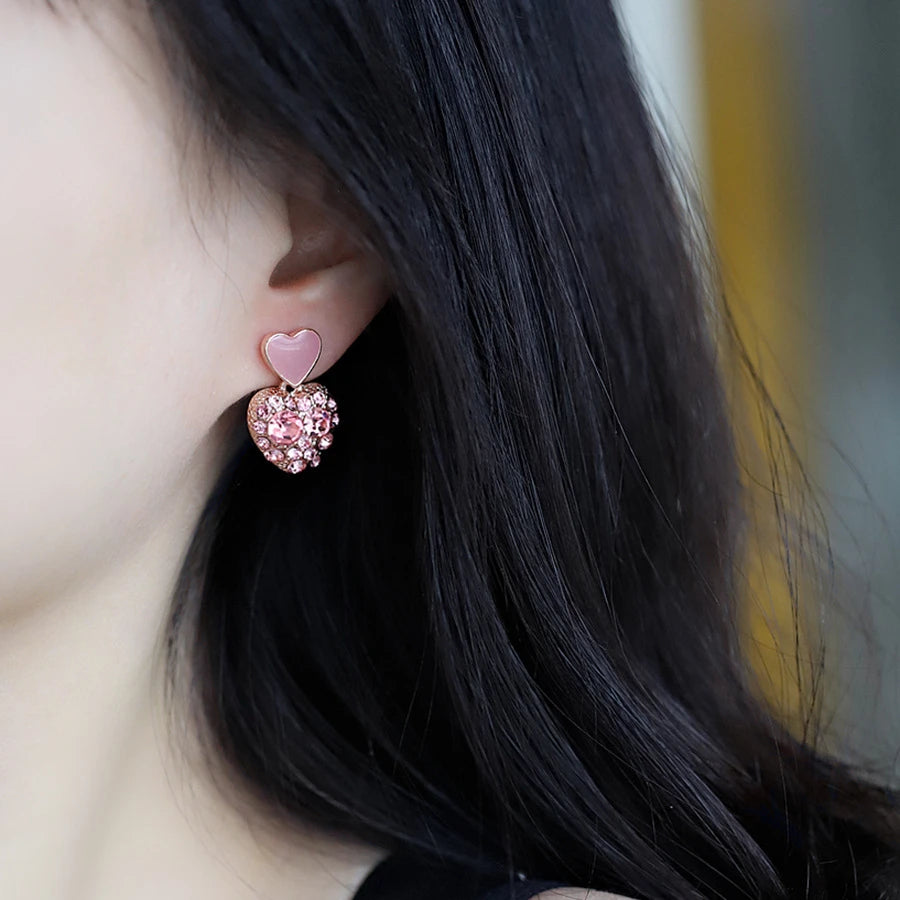 New Trend Zircon Crystal Double Pink Heart Pendant Earring for Women Geometry Brincos Wedding Jewelry Girl Gift