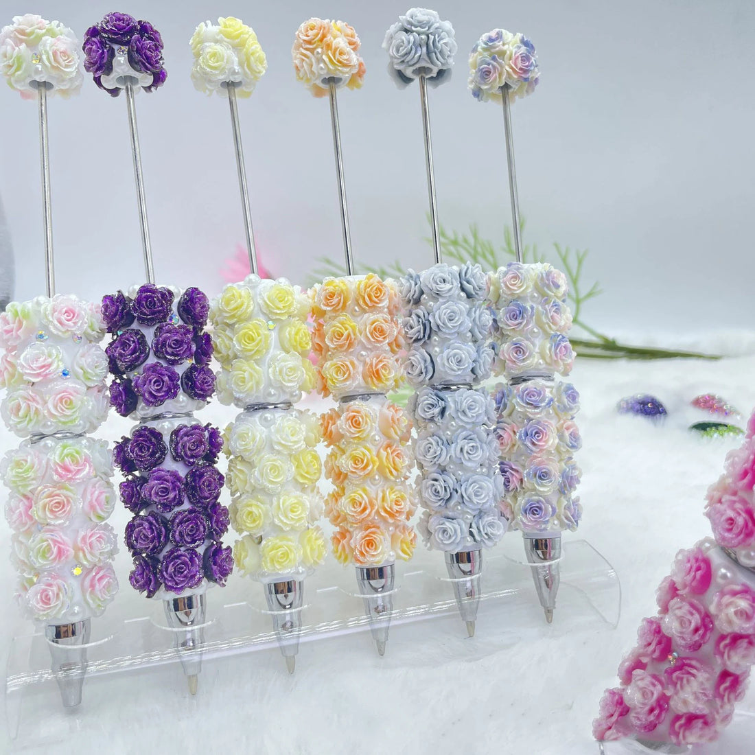 20Pcs Pearl Rose Beaded Pen Supplies Creative Handmade DIY Cute Beaded Ball Pen Office School Children Stationery Kids Gift