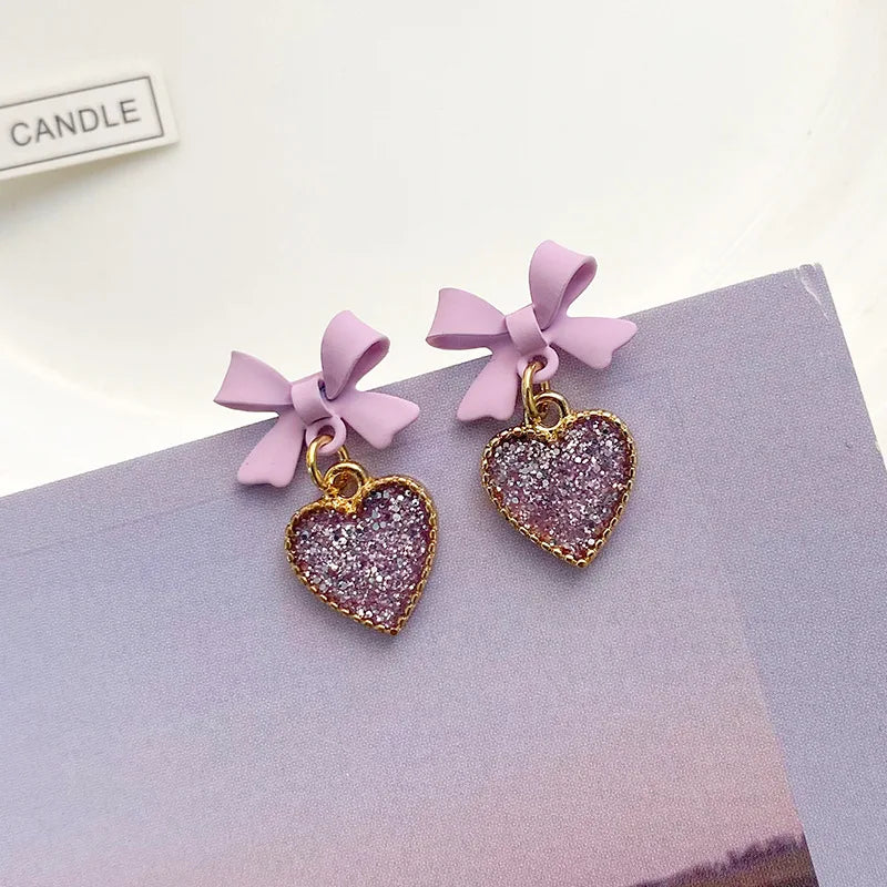 Elegant Purple Crystal Heart Dangle Earrings Fashion Korean Lovely Bow Drop Earrings Romantic Girls Women Party Jewelry