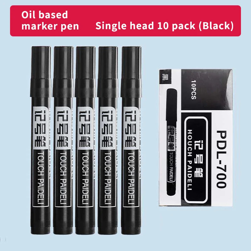 A set of 10 large-tip black ink marker pens for non-erasable marking and notation