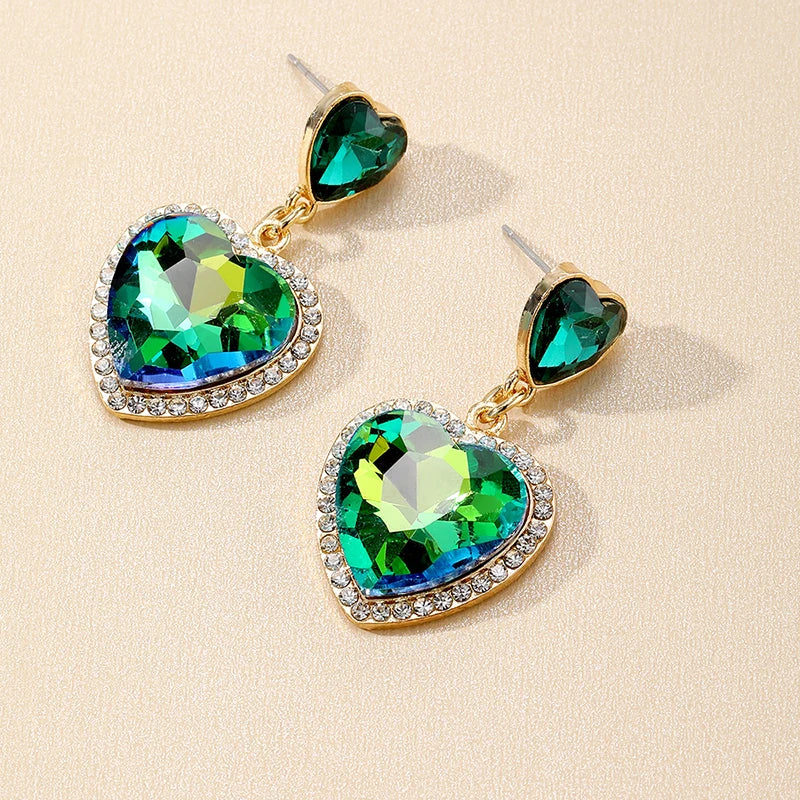 Zircon Shiny Green Crystal Heart Drop Earrings For Women Rhinestone Trendy Love Dangle Earings Eardrop Christmas Gift Jewelry