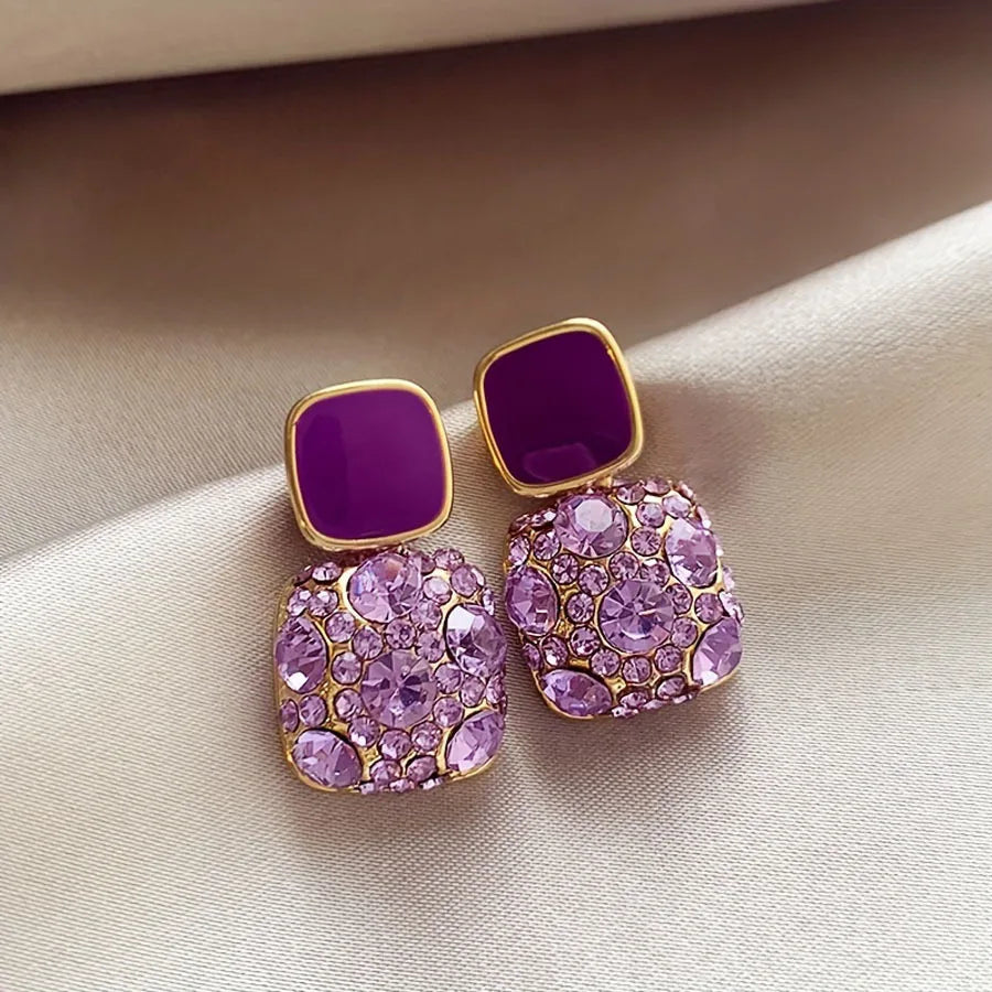 New Purple Simulated Zircon Square Earrings Wwith A Light Luxur High-End Feel Fashionable Female Wedding Party Jewelry Gifts