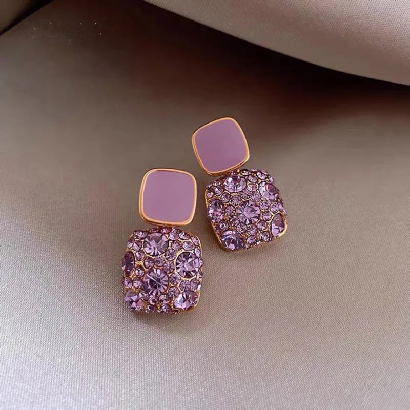 Purple Rhinestone Stud Earrrings For Women Exquisite Imitation Pearl Earrings Simple Square Geometric Earrings Party Jewelry