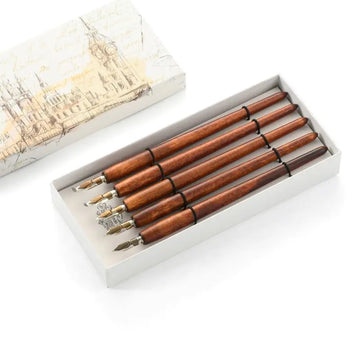 5Pcs Literary Retro Wooden Dip Pen 5 Nibs Set Antique Dip Calligraphy Writing Pen Office Stationery Writing Tools