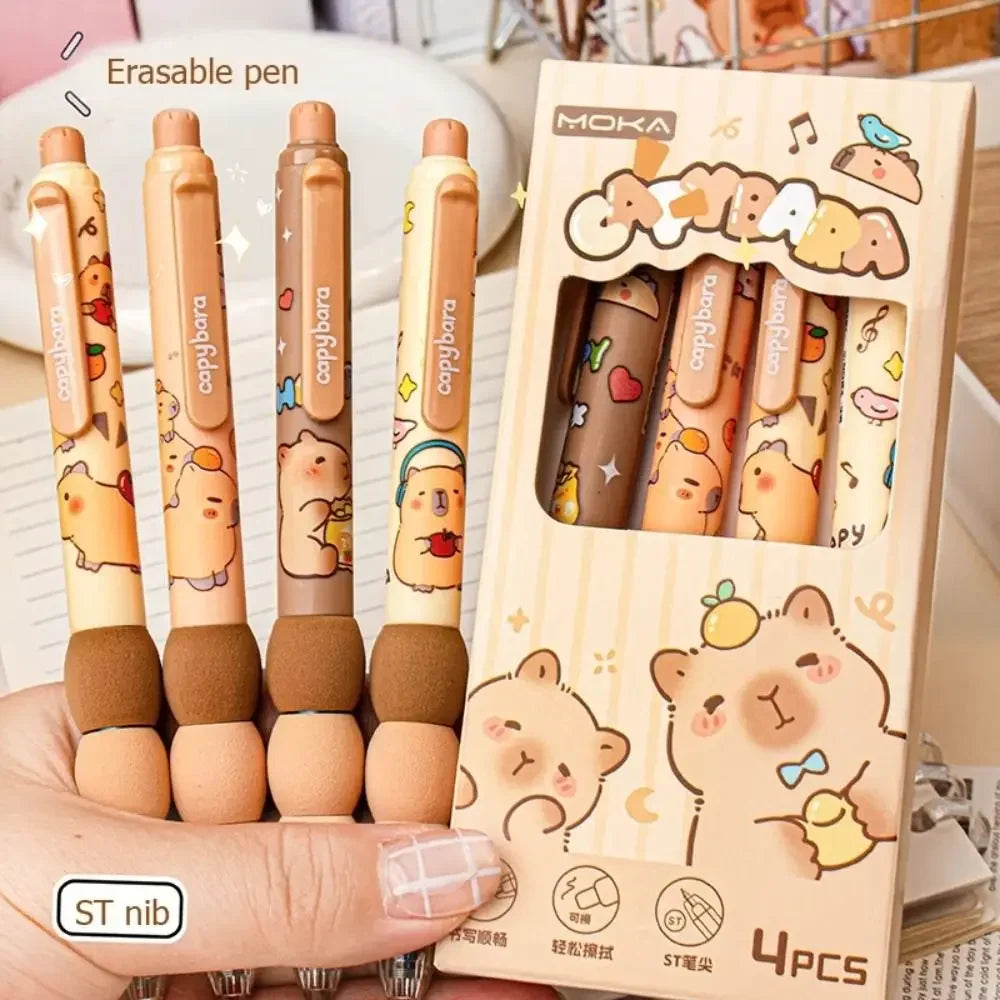 4Pcs Cartoon Capibara Erasable Pencil Gradient Sponge Neutral Press Move Pen Elementary School Blue Pen Erasable Pen