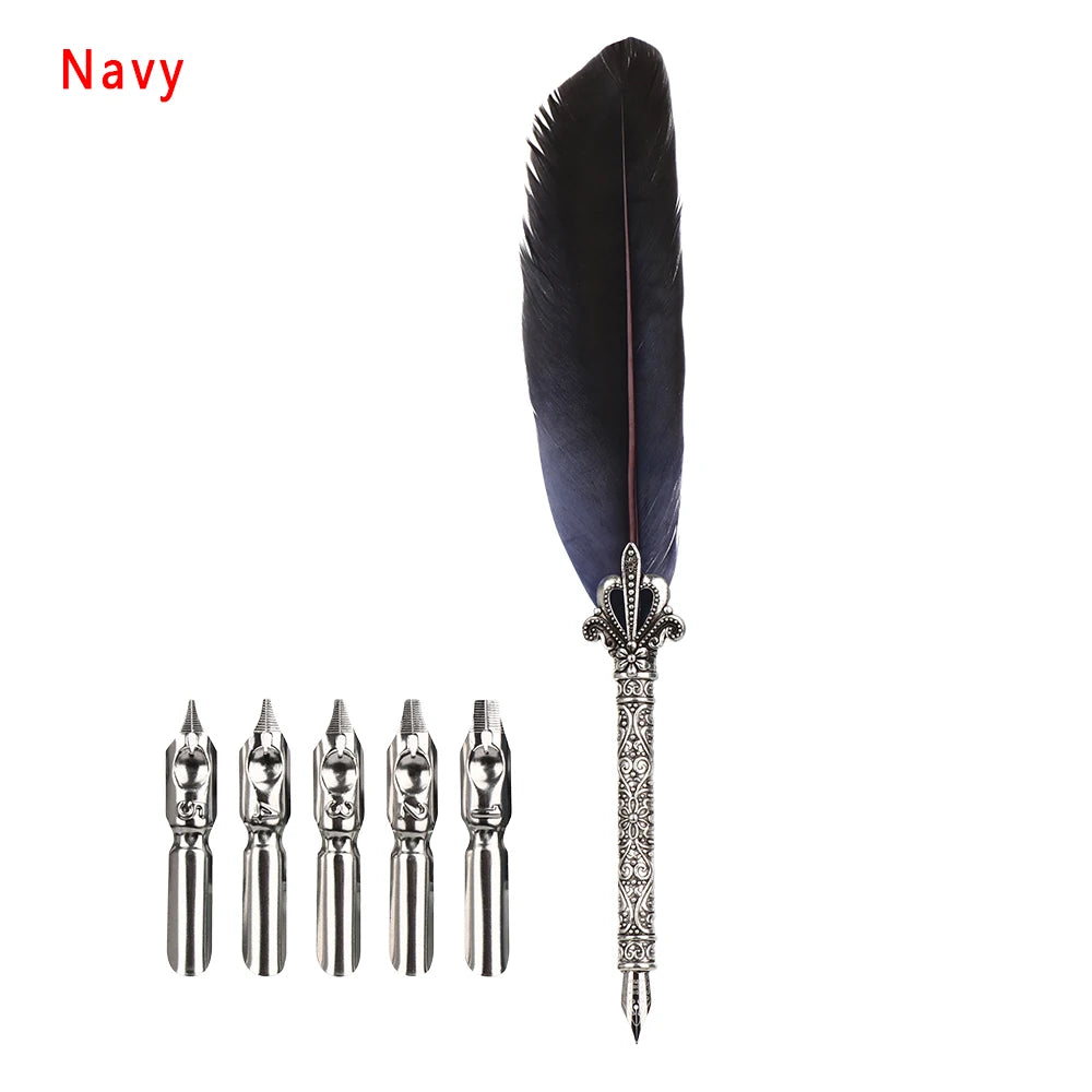 1 Set Vintage Feather Pen with 5 Pen-nib Carved Flower Nib Quill Dip Pen Oblique Pen Set Gift Writing Tools School Office Supply