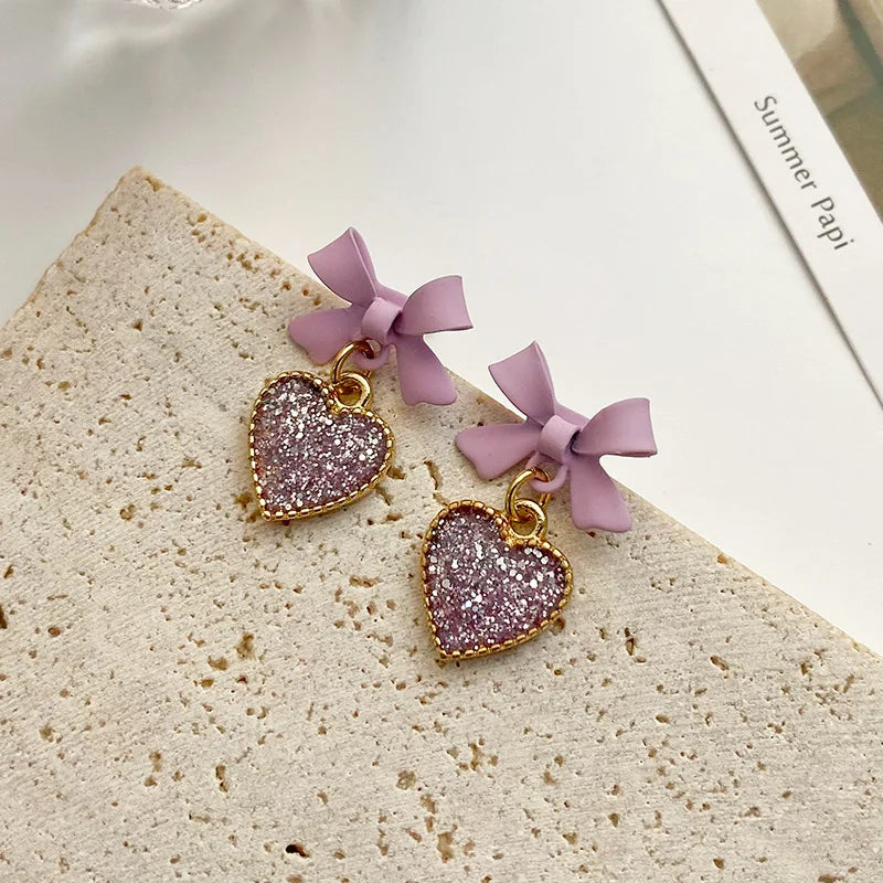Elegant Purple Crystal Heart Dangle Earrings Fashion Korean Lovely Bow Drop Earrings Romantic Girls Women Party Jewelry
