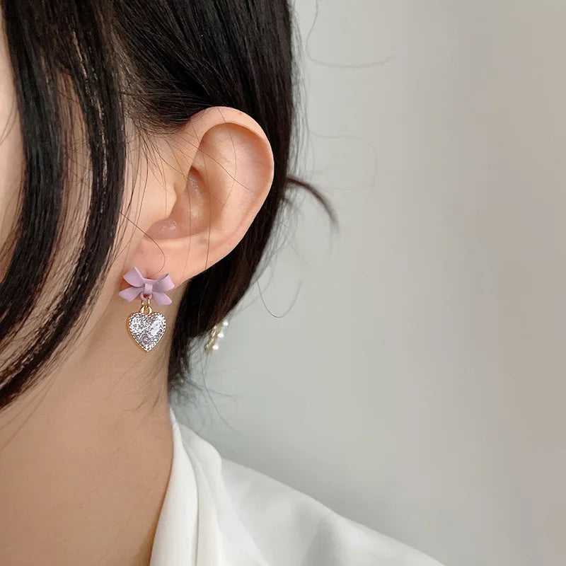 Elegant Purple Crystal Heart Dangle Earrings Fashion Korean Lovely Bow Drop Earrings Romantic Girls Women Party Jewelry