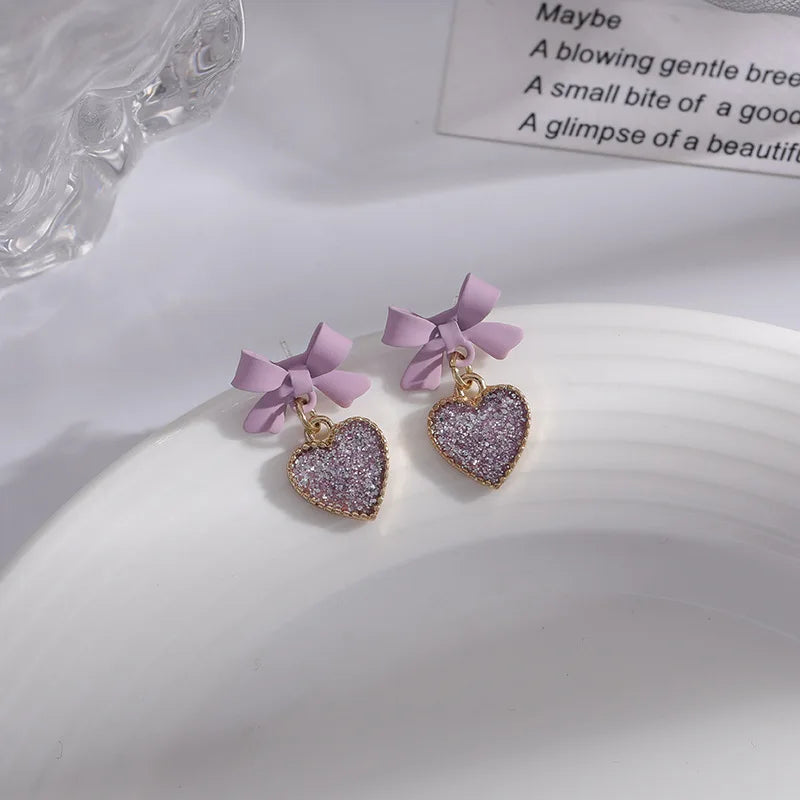 Elegant Purple Crystal Heart Dangle Earrings Fashion Korean Lovely Bow Drop Earrings Romantic Girls Women Party Jewelry