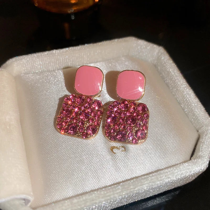 Purple Rhinestone Stud Earrrings For Women Exquisite Imitation Pearl Earrings Simple Square Geometric Earrings Party Jewelry