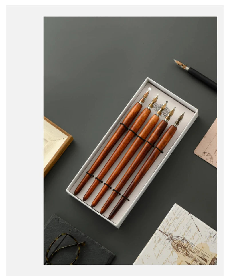5Pcs Literary Retro Wooden Dip Pen 5 Nibs Set Antique Dip Calligraphy Writing Pen Office Stationery Writing Tools