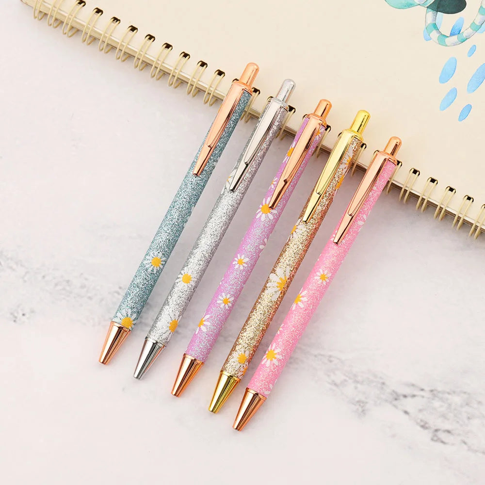 Lytwtw's Cute Daisy Press Ballpoint Pen Luxury Kawaii Metal Stationery School Office Supplies 5 Pieces