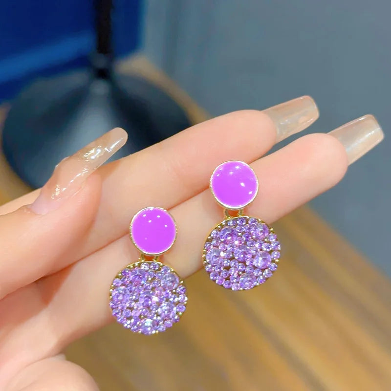 925 Silver Needle Earrings Sales Korean Edition Purple Crystal Light Luxury Geometric Circle Dropping Fashion Design Earrings