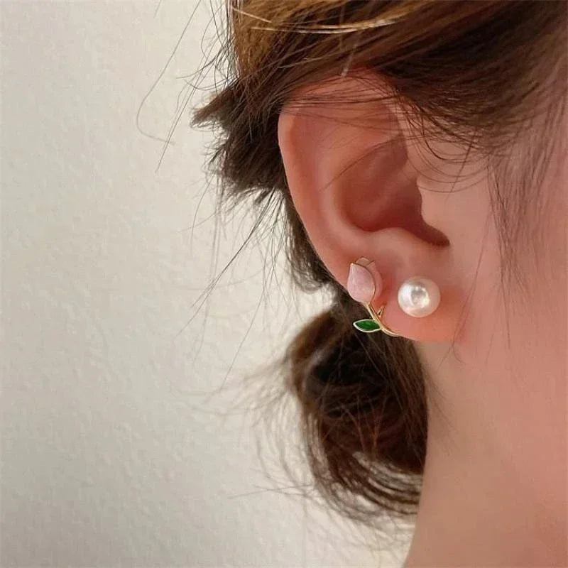 Korean Vintage Imitate Pearl Crystal Earrings for Women Jewelry High-class Luxury Zircon Flower Butterfly Leaf Stud Earrings