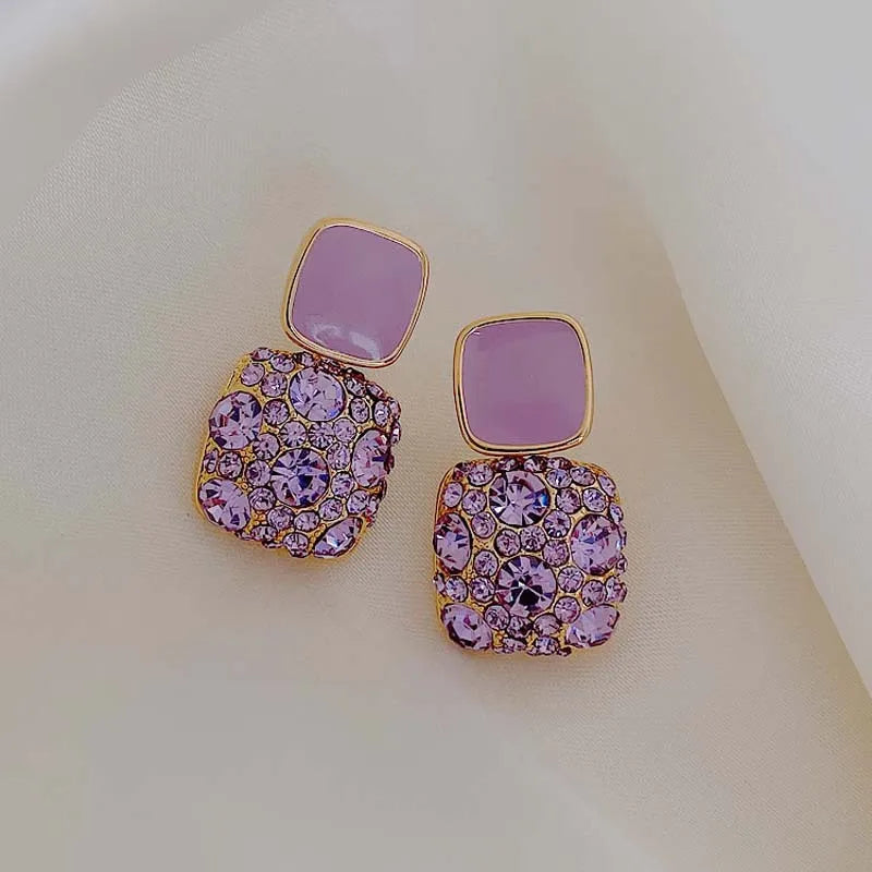 Vintage Enamel Square Stud Earrings For Women New Trendy Full Zircon Earrings Female Niche Temperament Fashion Jewelry Gift