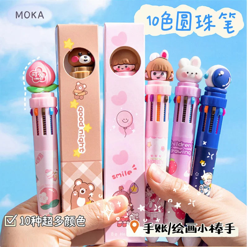 10-Color Ballpoint Pen Multifunctional Blue Black Red Pink Orange Yellow Green Blue Purple Brown Marker Pen Cartoon