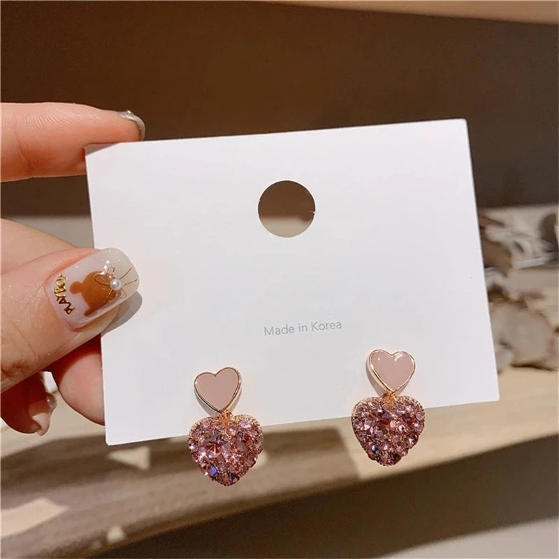 New Trend Zircon Crystal Double Pink Heart Pendant Earring for Women Geometry Brincos Wedding Jewelry Girl Gift